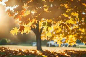 l'automne feuilles sur le sol dans une parc. généré par ai photo