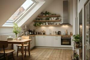 petit blanc cuisine avec à manger tableau. ai généré photo