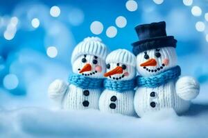 Trois bonhommes de neige portant Chapeaux et écharpes. généré par ai photo