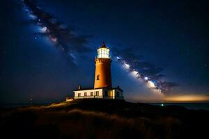 une phare avec étoiles dans le ciel et une lumière brillant. généré par ai photo