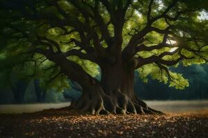 un vieux chêne arbre dans le milieu de une champ. généré par ai photo