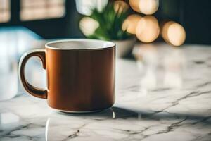 une café tasse sur une marbre comptoir. généré par ai photo