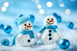 deux bonhommes de neige dans bleu et blanc tricoté Chapeaux et écharpes. généré par ai photo