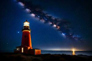 une phare avec étoiles dans le ciel et une laiteux façon. généré par ai photo