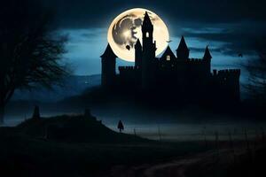 une Château dans le foncé avec une plein lune. généré par ai photo