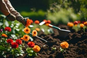 une la personne est creusement fleurs dans une jardin. généré par ai photo