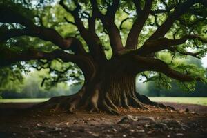 un vieux arbre dans le milieu de une champ. généré par ai photo