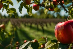 un Pomme arbre avec rouge fruit sur il. généré par ai photo