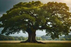 un chêne arbre dans une champ avec une foncé ciel. généré par ai photo