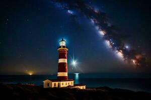 le phare et le laiteux dans le nuit ciel. généré par ai photo