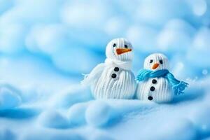 deux bonhommes de neige sont séance sur une bleu Contexte. généré par ai photo