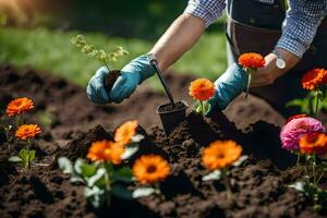 une la personne est plantation fleurs dans le jardin. généré par ai photo