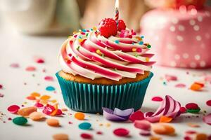 une petit gâteau avec une bougie sur Haut et confettis. généré par ai photo