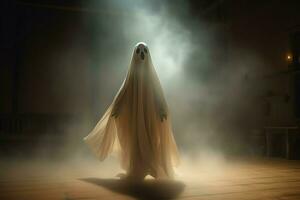 Humain dans effrayant des fantômes costume en volant à l'intérieur le vieux maison à nuit. effrayant Halloween Contexte avec fantôme. fantôme sur Halloween fête concept par ai généré photo