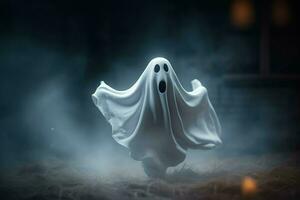 Humain dans effrayant des fantômes costume en volant à l'intérieur le vieux maison à nuit. effrayant Halloween Contexte avec fantôme. fantôme sur Halloween fête concept par ai généré photo