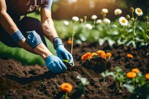 une homme dans bleu gants et gants est plantation fleurs. généré par ai photo