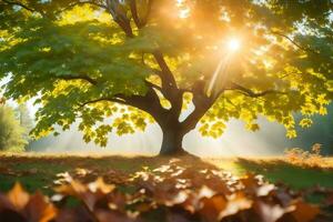 le Soleil brille par le feuilles de une arbre. généré par ai photo