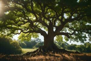 le Soleil brille par le des arbres racines. généré par ai photo