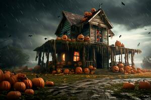 hanté maison sur Halloween fête concept. effrayant maison Halloween Contexte avec déserté bâtiment et citrouille. effrayant maison avec terrifiant bâtiment à nuit par ai généré photo