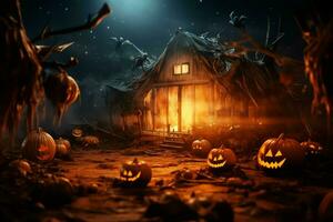 hanté maison sur Halloween fête concept. effrayant maison Halloween Contexte avec déserté bâtiment et citrouille. effrayant maison avec terrifiant bâtiment à nuit par ai généré photo