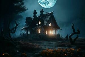 hanté maison sur Halloween fête concept. effrayant maison Halloween Contexte avec déserté bâtiment et citrouille. effrayant maison avec terrifiant bâtiment à nuit par ai généré photo