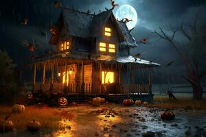 hanté maison sur Halloween fête concept. effrayant maison Halloween Contexte avec déserté bâtiment et citrouille. effrayant maison avec terrifiant bâtiment à nuit par ai généré photo