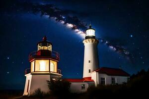 deux blanc et rouge phare tours sont allumé en haut à nuit. généré par ai photo