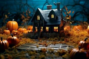 hanté maison sur Halloween fête concept. effrayant maison Halloween Contexte avec déserté bâtiment et citrouille. effrayant maison avec terrifiant bâtiment à nuit par ai généré photo