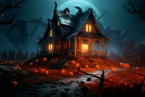 hanté maison sur Halloween fête concept. effrayant maison Halloween Contexte avec déserté bâtiment et citrouille. effrayant maison avec terrifiant bâtiment à nuit par ai généré photo