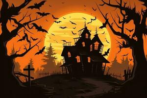 hanté maison sur Halloween fête concept. effrayant maison Halloween Contexte avec déserté bâtiment et citrouille. effrayant maison avec terrifiant bâtiment à nuit par ai généré photo