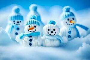 bonhommes de neige dans bleu et blanc tricoté Chapeaux. généré par ai photo