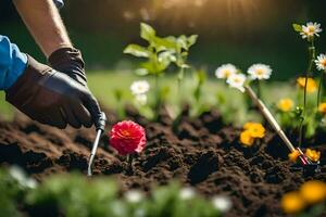 une la personne est plantation fleurs dans le jardin. généré par ai photo