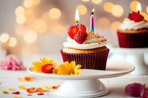 anniversaire petits gâteaux avec bougies. généré par ai photo