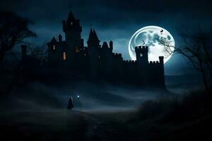 une Château dans le foncé avec une plein lune. généré par ai photo