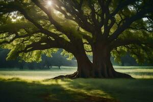 le Soleil brille par le feuilles de une grand arbre. généré par ai photo