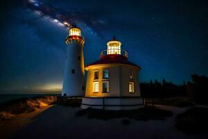 deux blanc phare tours en dessous de le nuit ciel. généré par ai photo