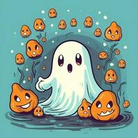 une marrant des fantômes sur Halloween fête dans une cimetière à nuit dans mignonne dessin animé style. Halloween par ai généré photo