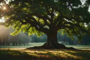 le Soleil brille par le arbre dans le milieu de une champ. généré par ai photo