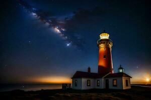 une phare avec une étoilé ciel et une phare dans le premier plan. généré par ai photo