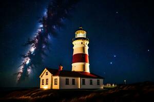 le phare à nuit avec le laiteux dans le Contexte. généré par ai photo