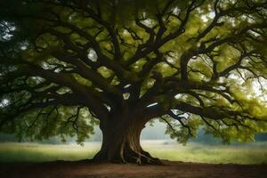 une grand arbre est montré dans le milieu de une champ. généré par ai photo