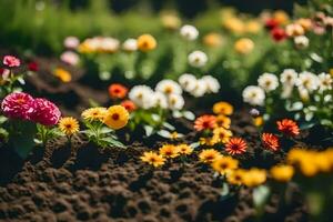 une champ de coloré fleurs dans le milieu de une jardin. généré par ai photo