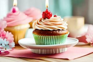 une petit gâteau avec une bougie sur Haut. généré par ai photo