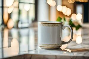 une café tasse séance sur une marbre comptoir. généré par ai photo