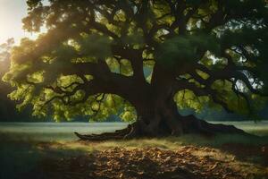 le Soleil brille par le arbre dans le milieu de une champ. généré par ai photo