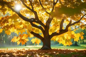 l'automne arbre avec Jaune feuilles dans le Soleil. généré par ai photo