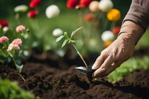 une la personne est plantation une plante dans le jardin. généré par ai photo