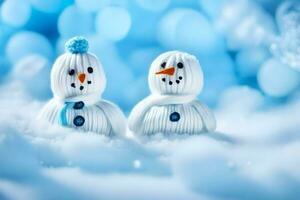 deux bonhommes de neige sont séance dans le neige. généré par ai photo