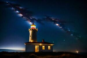 une phare est allumé en haut par le laiteux façon. généré par ai photo