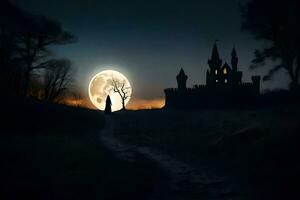 une Château dans le foncé avec une plein lune. généré par ai photo